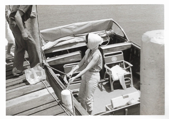 Jackie O Sunglasses & Scarf Vintage Snapshot Motorboat Block Of Ice 1960's Photo
