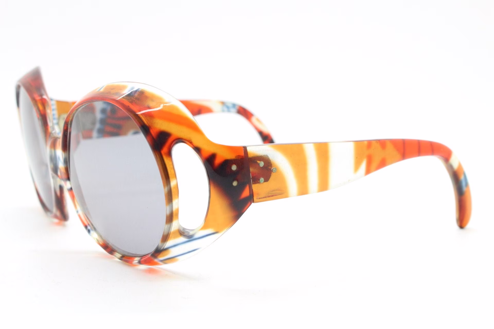 60S Vintage Big Round Sunglasses. Astonishing Era Defining Oversized Transparent Abstract Pattern & Design Frame. 70S. Mod. Unused Nos