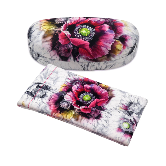 Gift Package A Hard Sunglasses Case & Soft Eyeglass Pouch, Glasses Holder - in Floral Print | As113 + Ct2 Purple Poppy