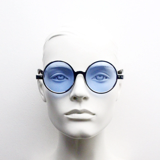 60S Vintage Silver Space Age Round Sunglasses. Futuristic Bright Chrome Mod Frame With Metal Arms & Sky Blue Lenses. 70S. Unused Nos