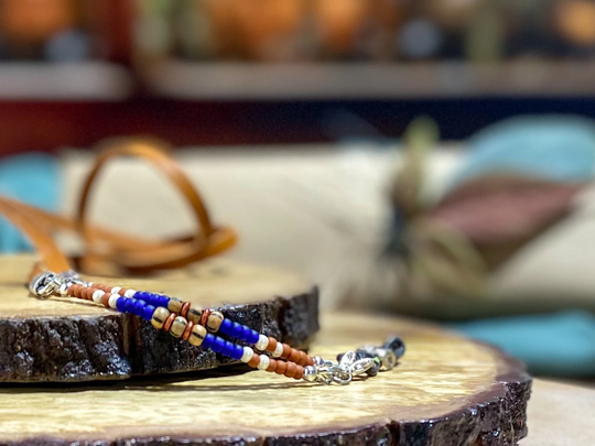 Terra Cotta & Blue Eyeglass Chain With Supple Leather Holds Your Sunglasses, Readers Reading Glasses. Unique Eyewear Necklace Gift