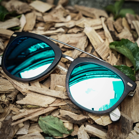 Ebony Wood Square Wooden Sunglasses With Bridge, Blue Mirrored Lenses, Personalised Sunglasses, Polarised Lens, Engraved Woman