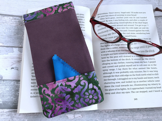 Soft Glasses Case, Purple Faux Suede & Batik Pocket For Lens Cloth