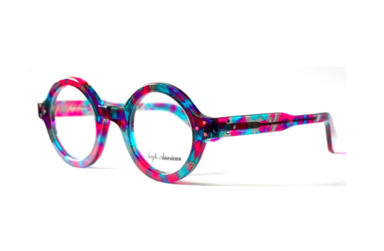 Round Acetate Glasses By Anglo American 180E Thick Rimmed True Eyewear in A Superb Mutlicolour Of Blue, Pink & Purple