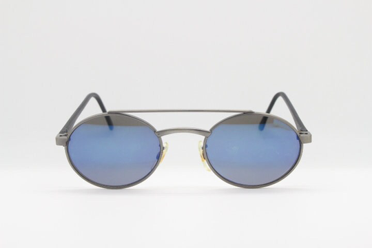 90S Vintage Oval Sunglasses. Satin Matt Double Bridge Metal Frame With Blue Mirror Lenses. Bnwt. Unused Nos