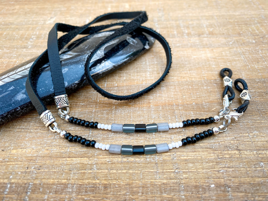 Black Gray White Eyeglass Chain. Leather Eye Glasses Cord. String To Hold Sunglasses. Beaded Leather Strap For Eyeglasses. Gift Ideas