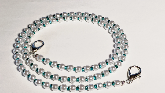 Face Mask Chain Holder/Eyeglasses Women Lanyard Pearls With Teal Green Jade Silver Lined Preciosa Czech Beads Gift