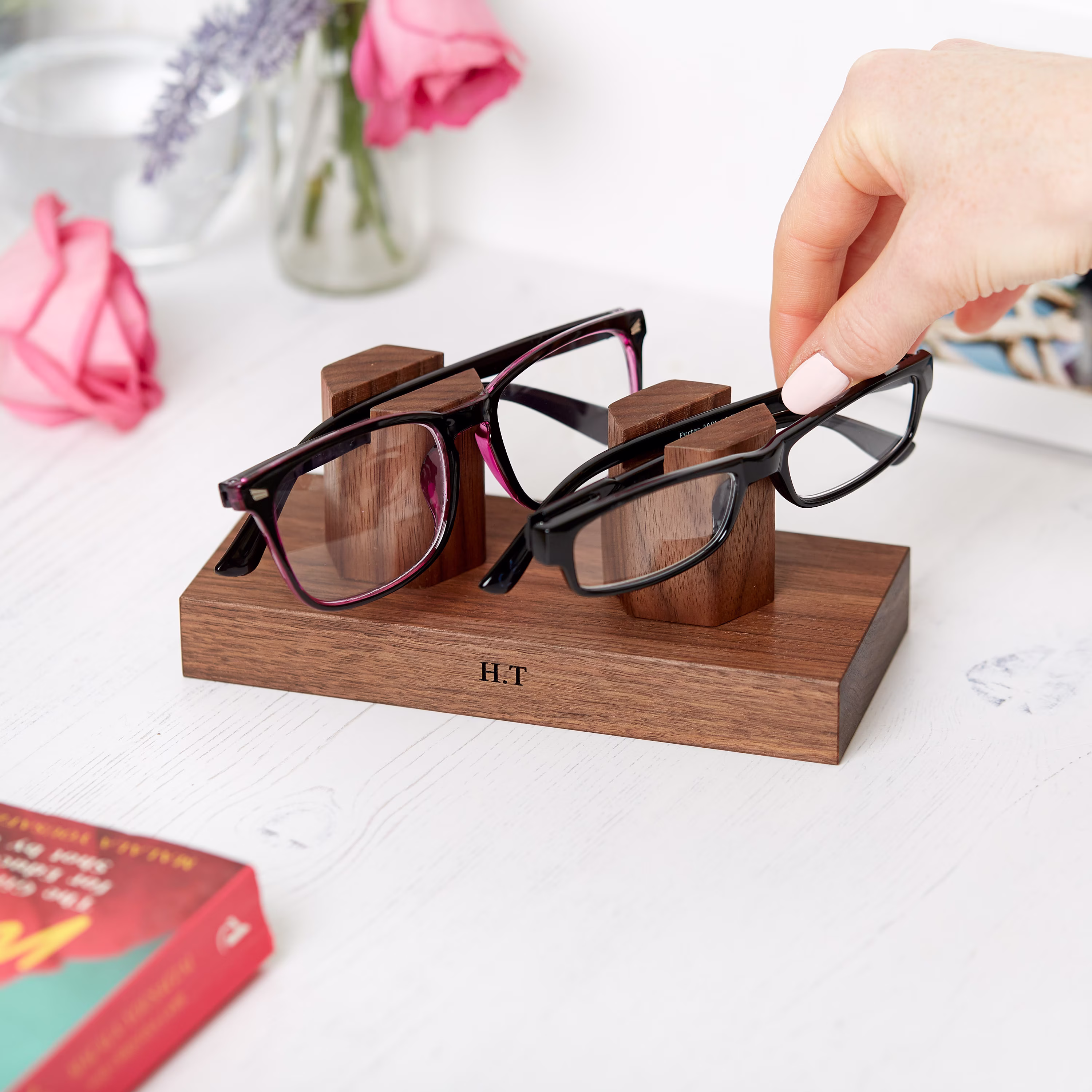 Personalised Walnut Double Glasses Stand | Personalized Eyeglasses Holder Gift For Him Gifts Her Customised Grandparents