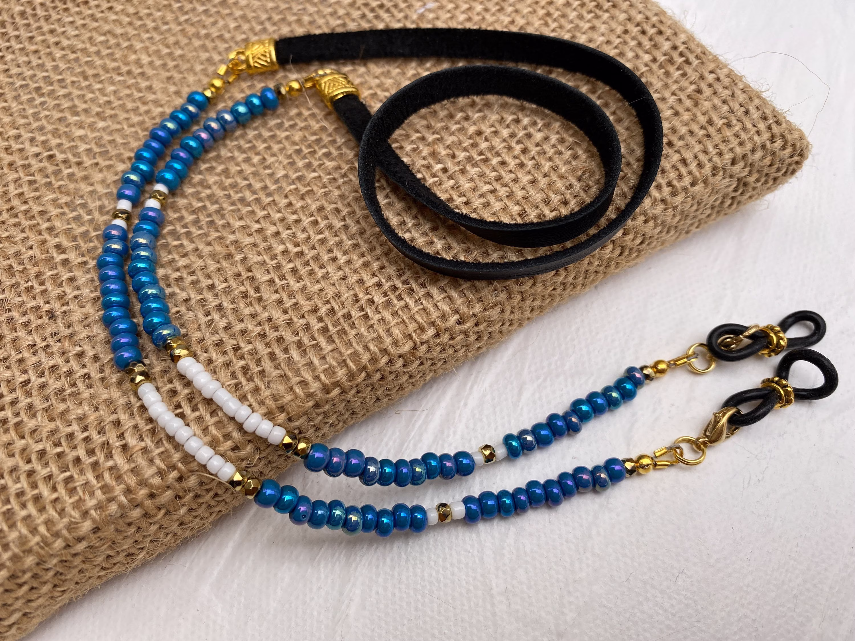 Blue White Gold Beaded Leather Eyeglass Chain. Unique Eyeglasses Chain Holder Strap For Sunglasses. Eye Glasses Cord Leash Necklace