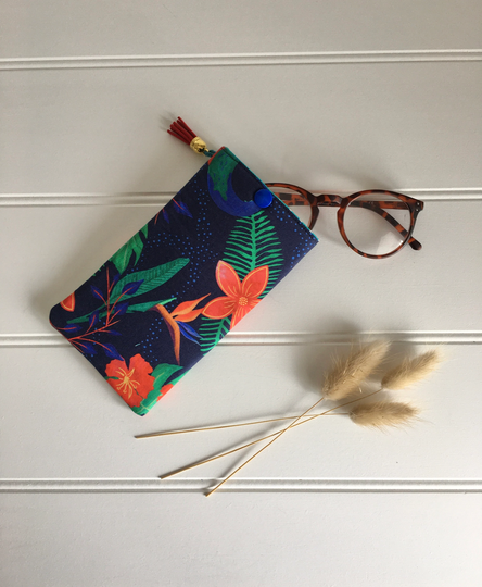 Navy Glasses Case With Birds Of Paradise Design & Turquoise Lining, Sunglasses Case Colourful Bird, Soft Sunglasses Case, Gift For Her