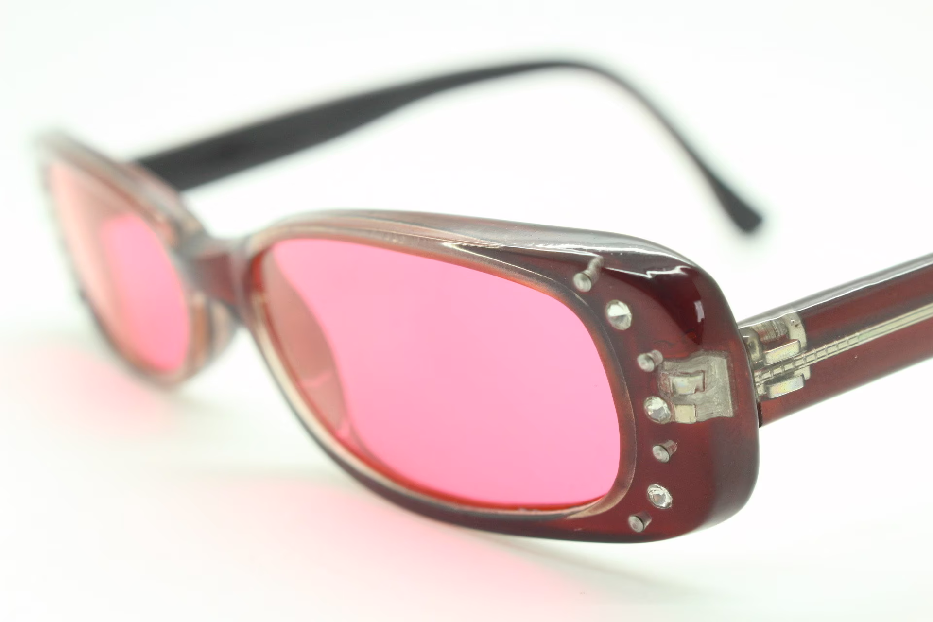 90S Vintage Red Diamante Sunglasses. Low Profile Rectangular Micro Frame With Shocking Pink Lenses. Rhinestone. Small Unused Nos