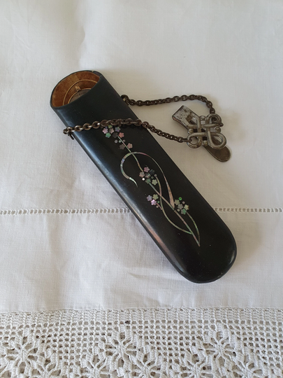 Papier Mache Lacquer Glasses Case Chatelaine - Mother Of Pearl Inlay