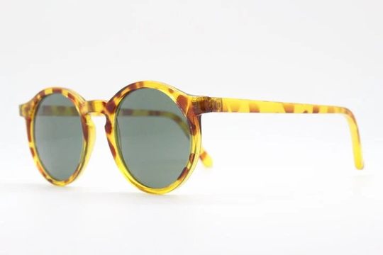 80S Vintage Tortoise Sunglasses. 40S Style Round Vibrant Mottled Honey Frame With Green Lenses. Unused Nos