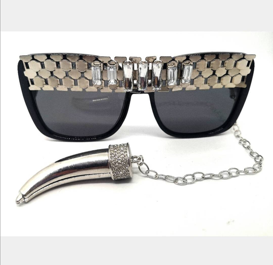 Flat Top Black Silver Unusual Statement Festival Sunglasses Designer Ott Eye Wear Handmade Unique Fashion Shades