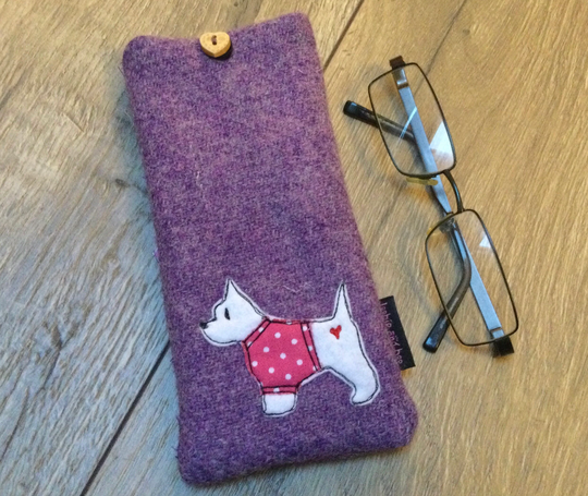 Westie Glasses Case, Westie Specs Lilac Harris Tweed West Highland Terrier, Spectacles Lover, Dog Lover Gift