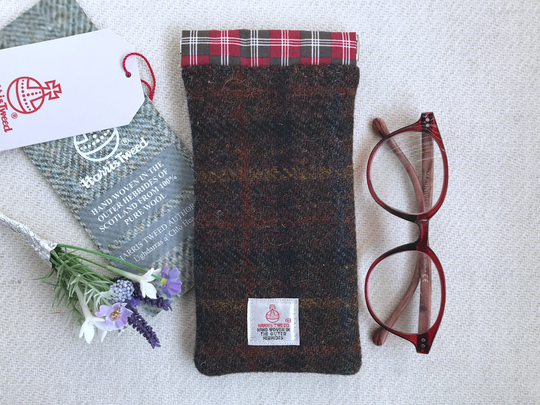 Man's Glasses Case, Peat Brown Blue & Saffron Harris Tweed, - Protection For Sunglasses