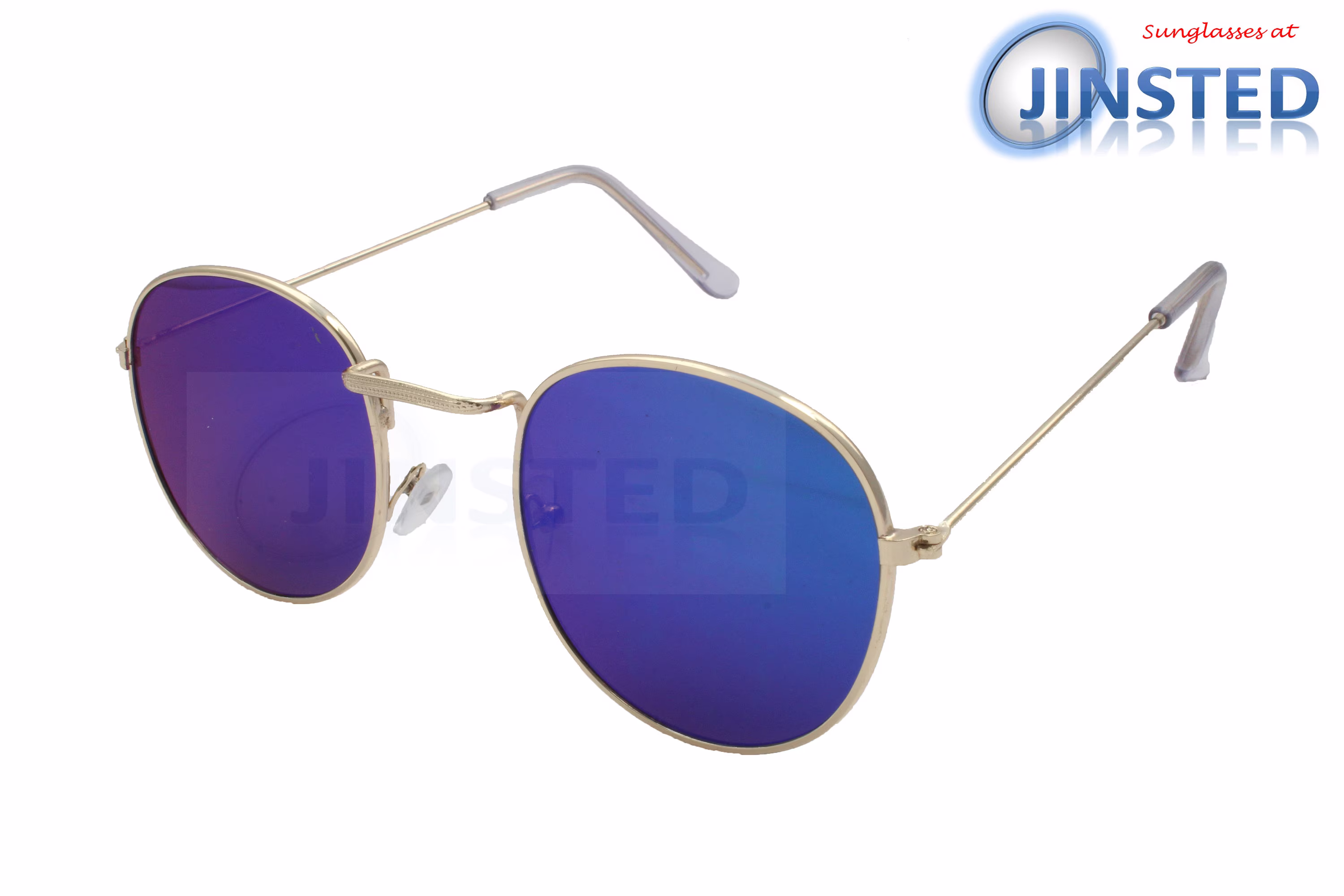 Adult Blue Mirrored Round Sunglasses With Gold Circle Frame Uv400 Protection Aci010