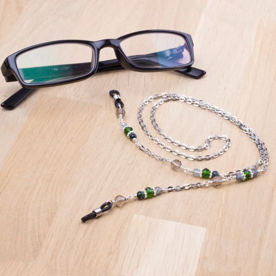 Glasses Chain Strap - Green Moss Agate Gemstone With Green & Grey Beads | Silver Eyeglasses Neck Cord Lanyard