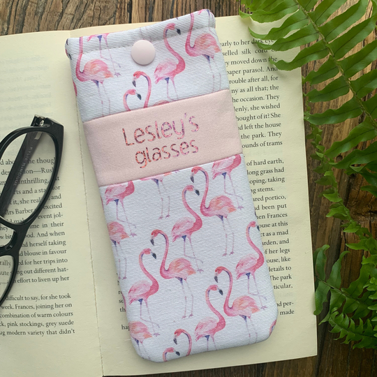 Personalised Flamingo Glasses Case Handmade Pink Bird Print Fabric Snap Pouch Gift Idea With Free UK Delivery