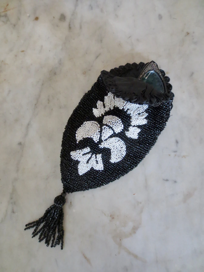 Antique Beaded Bag - 1920S Flapper Purse, Black & White Glass Mircobeading Eyeglass Case