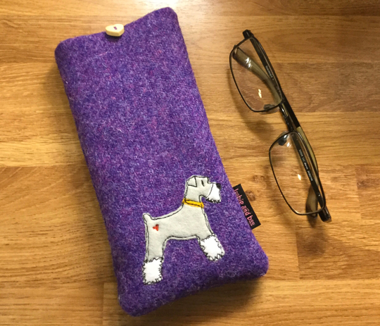 Miniature Schnauzer Glasses Case, Purple Harris Tweed Specs Sunglasses Embroidered Dog Schnauzer Lover, Mum