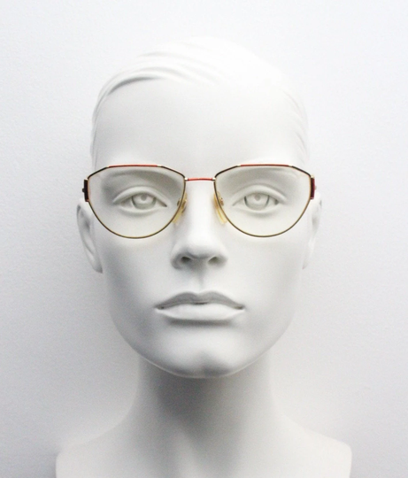 Rodenstock 80S Vintage Angular Glasses. Abstract Gold Optical Frame With Bright Red Metallic Accents. Women's Prescription Eyeglasses