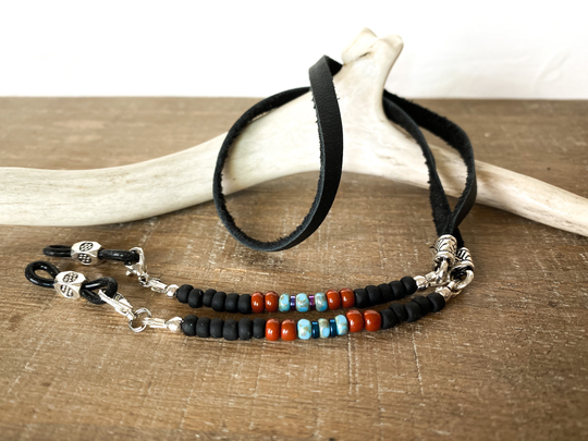 Eye Glasses Chain With Rust, Black, Turquoise & Hematite Beads. Leather Cord. Designer Beaded Eyeglass Sunglasses Holder