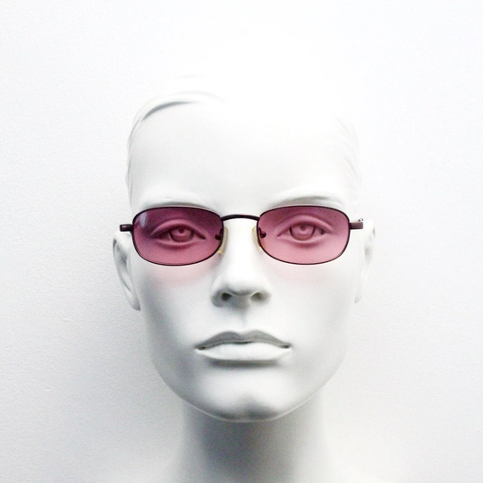 90S Vintage Rectangular Sunglasses. Piercing Pink Lenses in Matching Small Slim Satin Metal Frame. Unused Nos