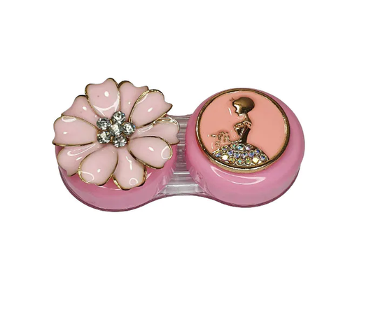 Pink Gold Diamante Jewelled Flower & Princess 3D Flat Contact Lens Lenses Storage Soaking Case
