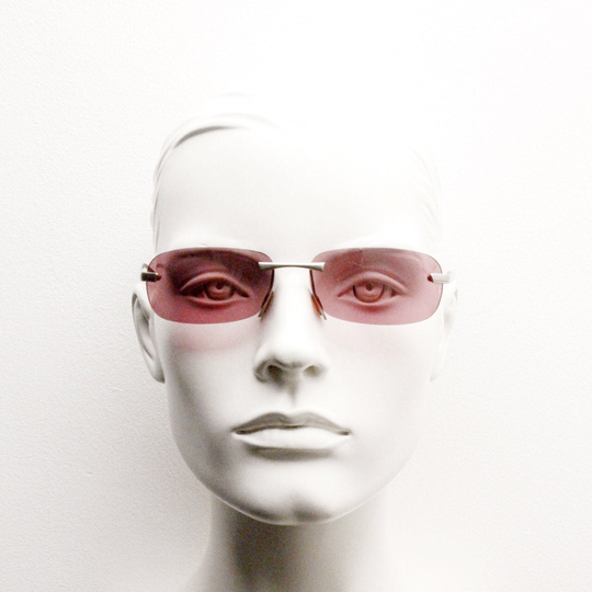 Y2K Vintage Frameless Sunglasses. Minimal Shocking Pink Rectangular Curved Lenses With Matt Silver Alloy Arms. 2000's Nos