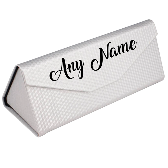 Personalised Any Name Carbon Fibre Folding Triangular Prism Glasses Case - Silver Faux