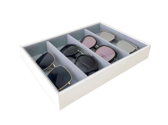 Premium Grade Sunglasses Eyewear Organizer Tray Storage Stackable Design Drawer Divider White Pu Leather Exterior Velvet Lining