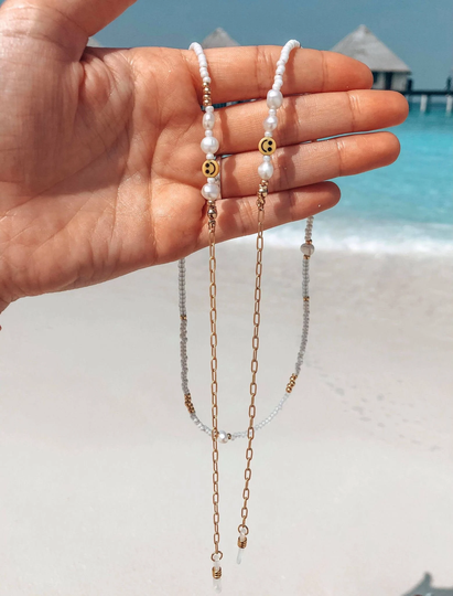 Happy Face Sunglasses Chain | Facemask Beaded Pearl Chain |Handmade Glasses Smile & 24K Gold Plated