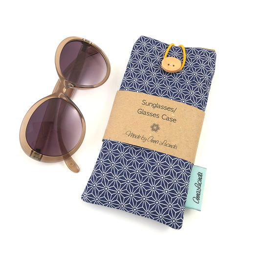 Soft Glasses Case, Padded Sunglasses Pouch, Eyeglasses Holder, Navy Blue Geometric Print