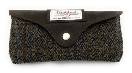 Harris Tweed Brown Herringbone Glasses Case Fully Lined With Button Closure Unisex 9 cm X 18 3.5