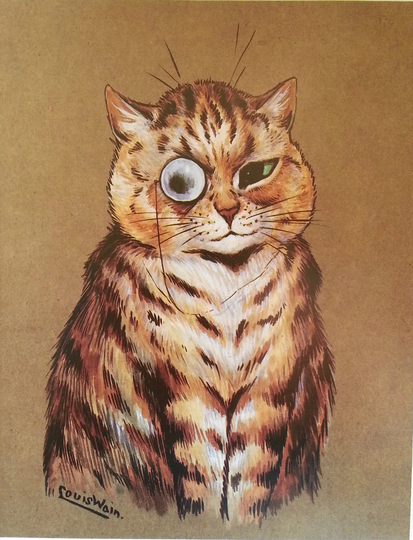 Louis Wain Tabby Cat Print Wall Art 1983 Vintage Original Mounted Ready To Frame With Eyeglass