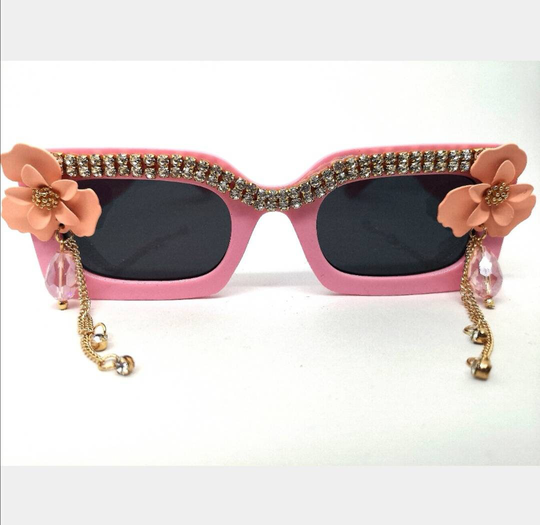 Women's Pink Retro Embellished Diamante Rectangular Plastic Funky Flower Sunglasses