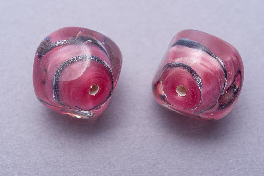 Pair Czech Lampwork Beads. Pink With Bronze Swirl & Clear Casing. Cz-57