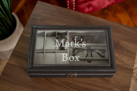 Custom Text Sunglasses & Watch Box, Holds 6 Watches 3 Glasses, Black Leather Box With Glass Lid, Jewelry Case Organizer