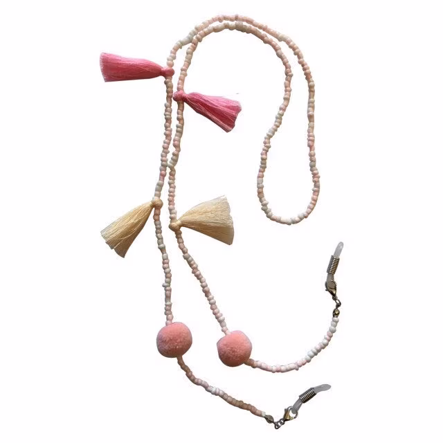 Pink & Cream Tassel, Peach Pom & White Miyuki Seed Bead Glasses Chain