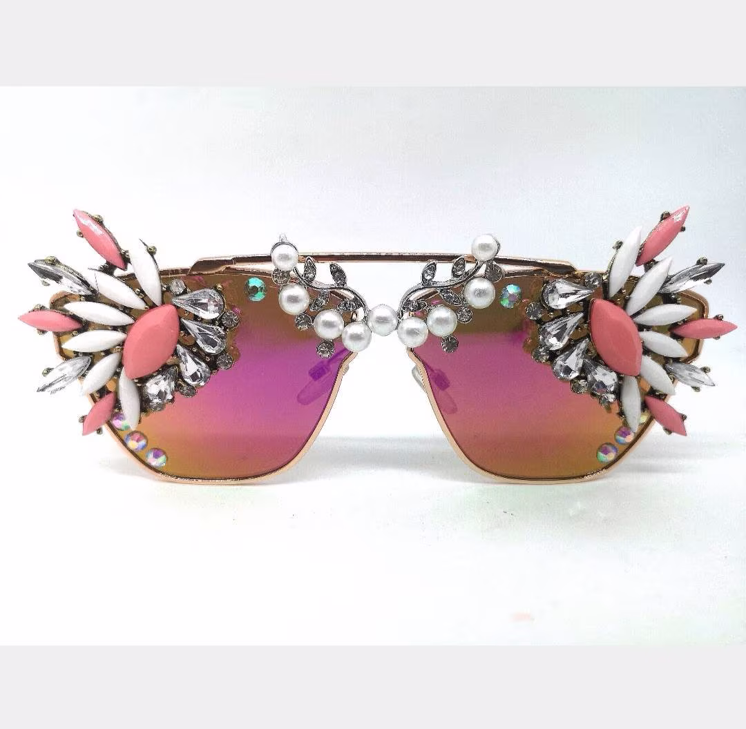 Ladies Pink Pearl Jeweled Oversized Statement Designer Holiday Unique Sunglasses Sun Glasses Big Mirrored Lenses