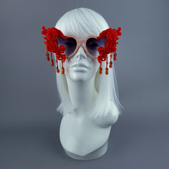 Pink & Red Cherub, Filigree & Beading Heart Shaped Sunglasses "Seraphina