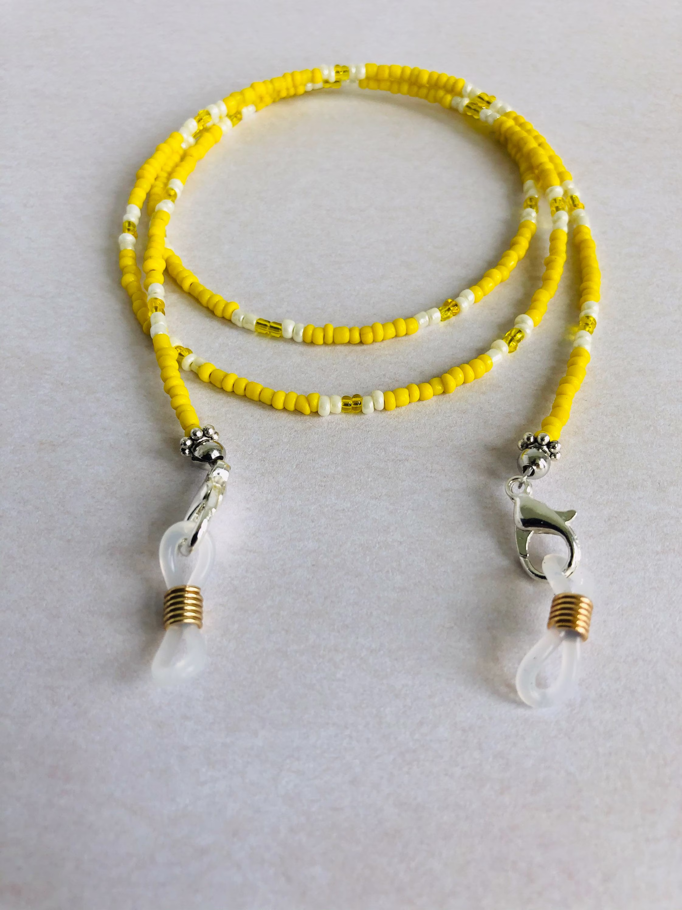 Yellow Glasses Chain/Facemask Chain, Yellow, White & Gold Beaded Chain, Glasses Holder, Sunglasses Mask Lanyard