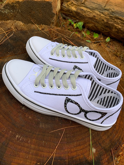 Cat Eyeglasses Studded Lace Up Sneakers