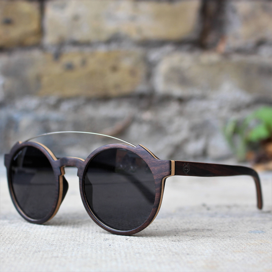 Round Wood Sunglasses, Paul Ven Fox Ebony Sunglasses With Metal Bridge, Modern Unique Wooden Sunglass