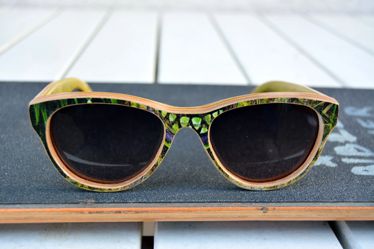 Recycled Skateboard Sunglasses, Green Camo Yellow , Wood Gift For Her, Birthday