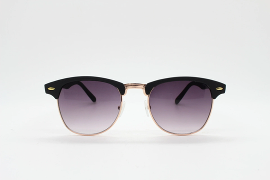90S Vintage Clubmaster Design Sunglasses. Black 50S, 60S Style Matt Rubber Finish Browline With Gold Half Frame. Unused Nos