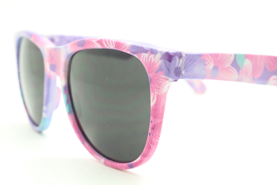 80S Vintage Bright Floral Wayfarer Style Sunglasses. Pink & Purple Charming Variation Of The All Time Classic Design. Unused Nos