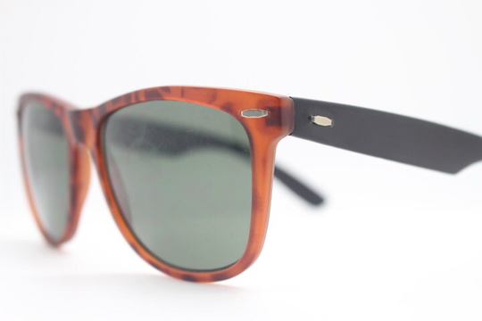 80S Vintage Wayfarer Style Sunglasses. Tortoise Matt Frame With Black Arms & Green Lenses. Unused Nos