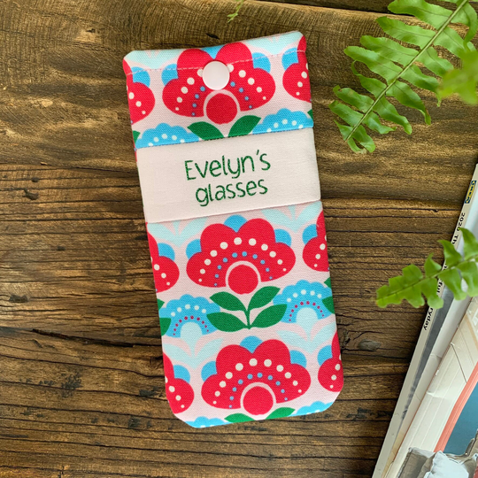 Personalised Bold Retro Print Fabric Glasses Case Handmade Pink Flower Floral Snap Pouch With Free Delivery